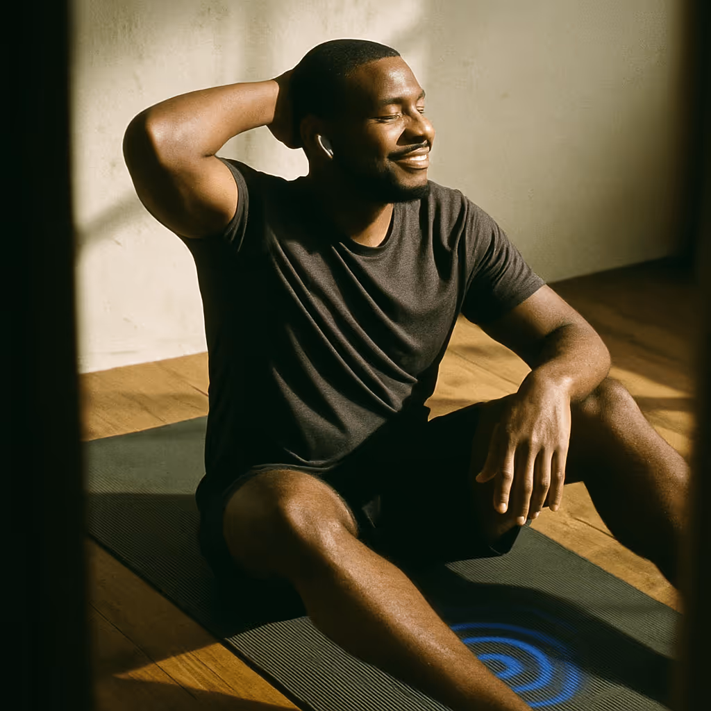 A Black man in his 30s sits on a mat post-workout,