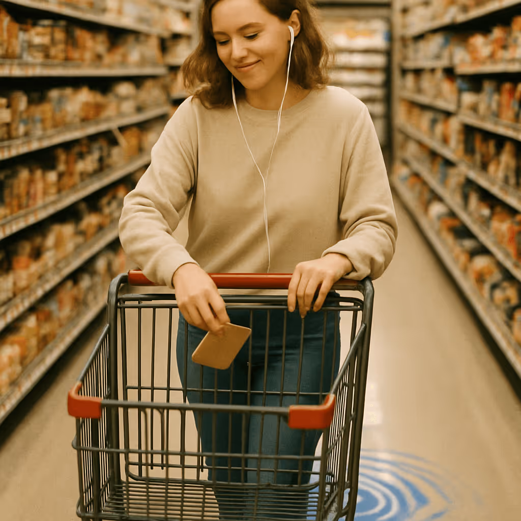 A white woman in her 30s moves down an aisle pushing a cart, wired in-ear headphones