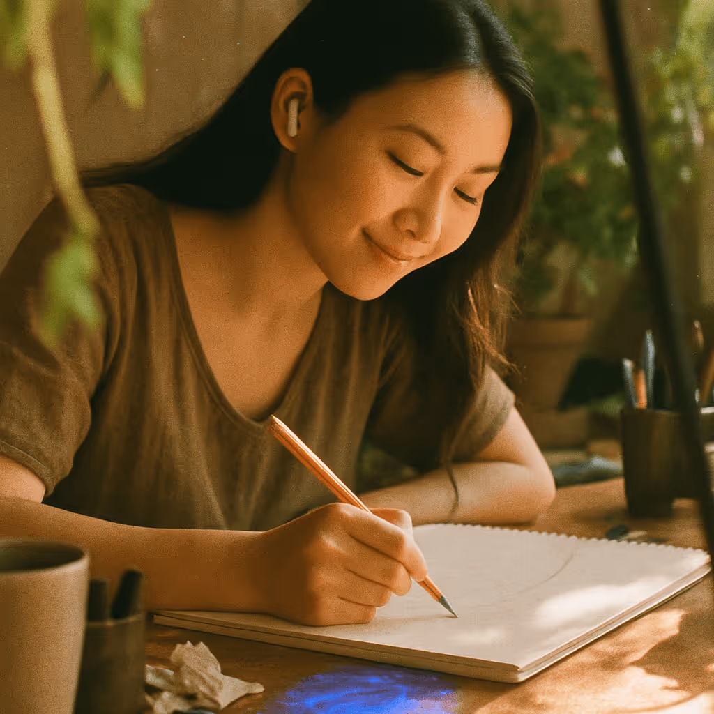 An East Asian woman leans over a large sketchpad, pencil in one