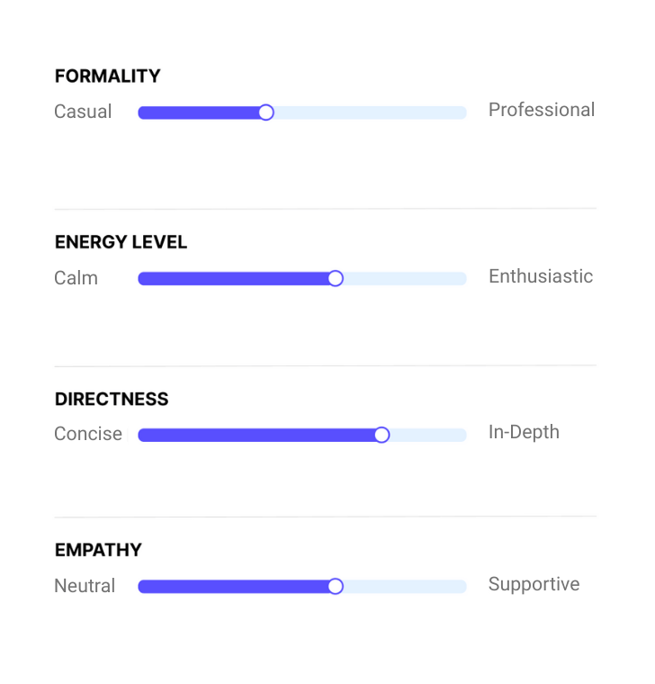 RapidTalk AI conversation tone settings showing adjustable sliders for formality, energy level, directness, and empathy, allowing businesses to customize AI communication style.
