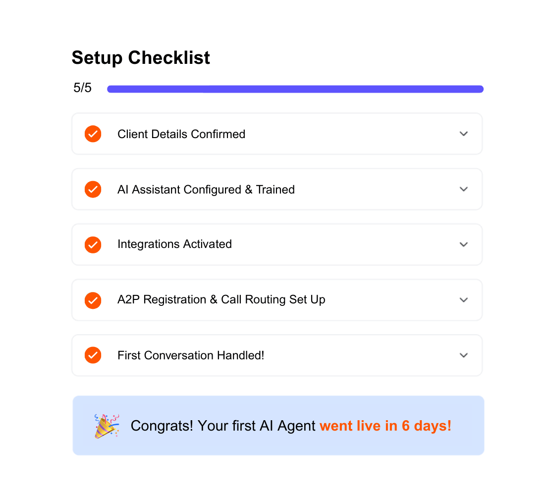RapidTalk AI setup checklist showing five key onboarding steps for activating an AI assistant, including client details confirmation, AI training, integrations, A2P registration, and first conversation completion.