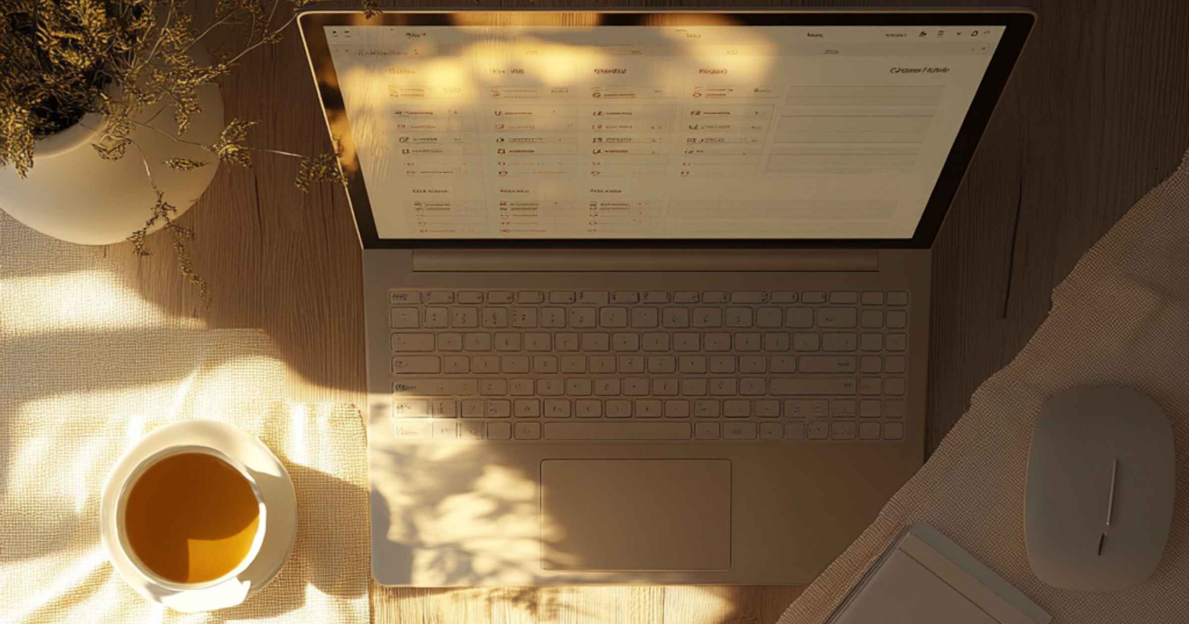 A cozy overhead view of a digital calendar on a laptop beside tea and morning light, illustrating the ease and calm of automated appointment scheduling.