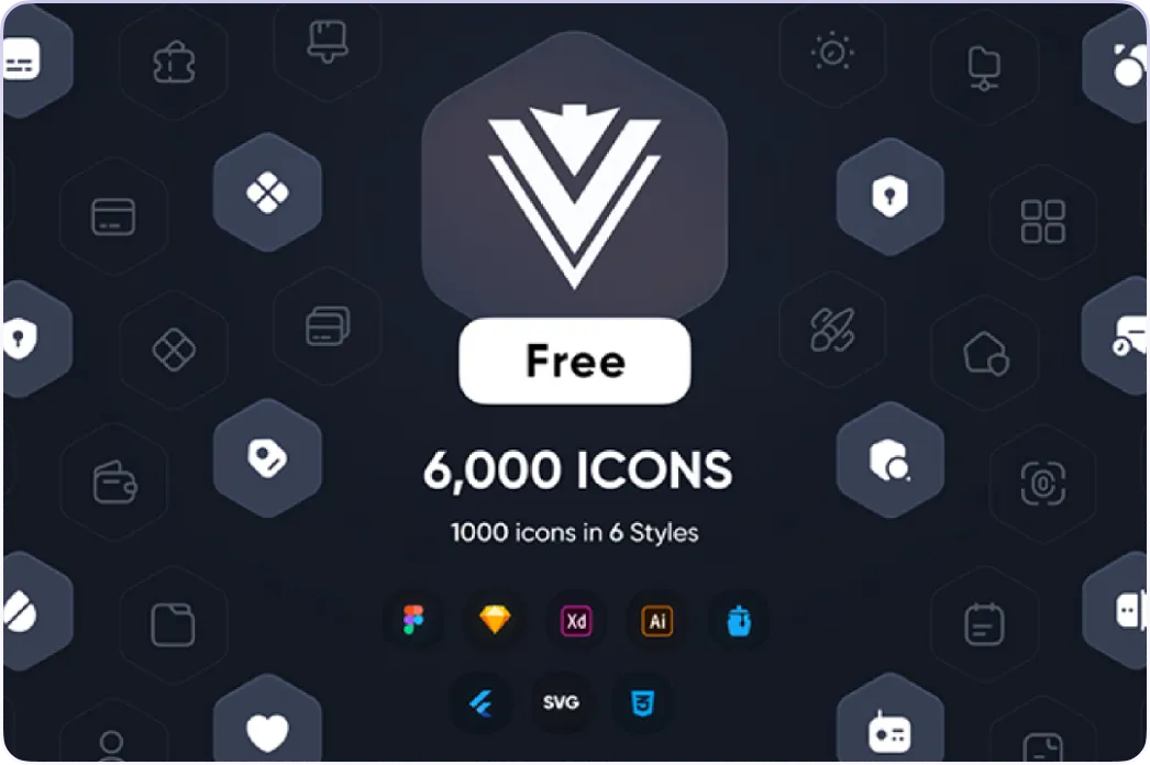 Dark-themed interface showing a free icon pack with 6,000 icons including 1000 icons in 6 styles, compatible with various design tools and formats.
