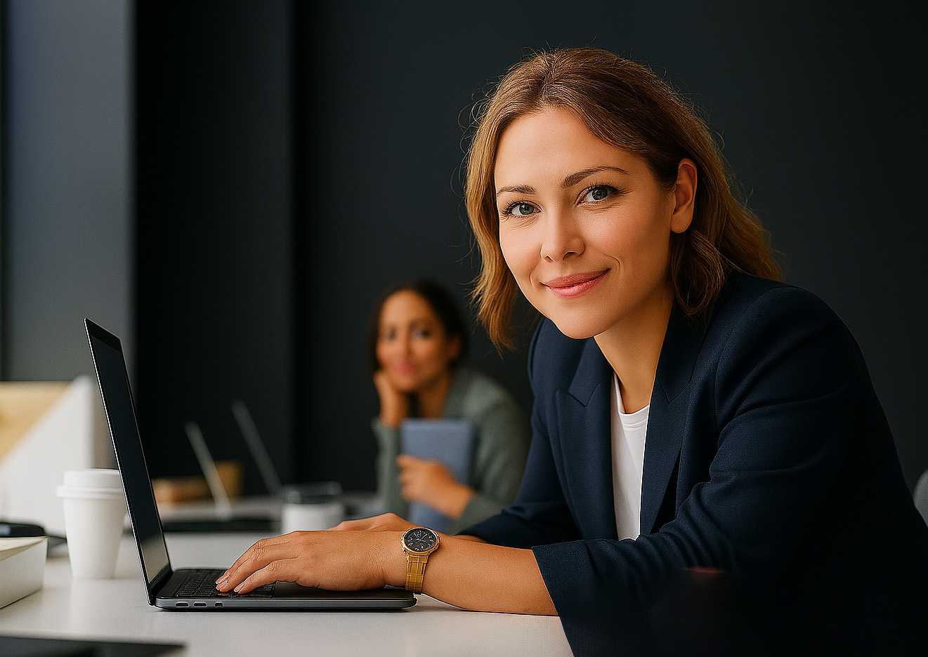 A confident woman in business attire smiles at the camera while working on a laptop in a modern office setting, with a colleague blurred in the background.