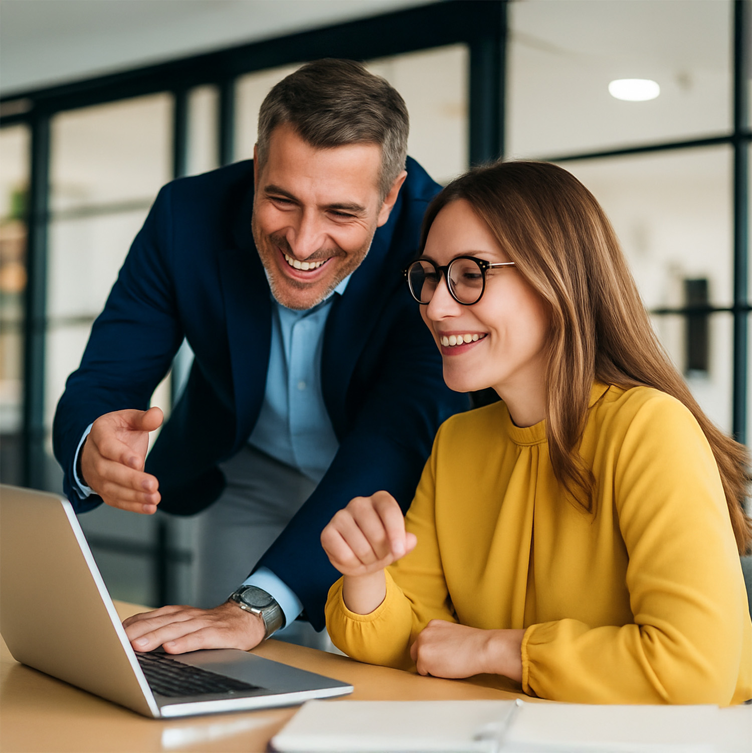 Two colleagues smiling and collaborating at a desk, looking at a laptop screen in a bright, modern office environment.