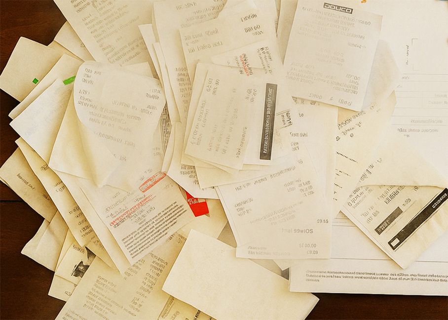 Pile of paper receipts and invoices on a desk, representing expense tracking and business accounting.