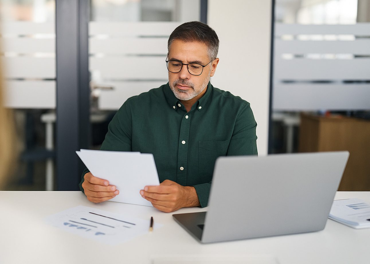 Professional man reviewing financial documents at a desk with a laptop in a modern office setting