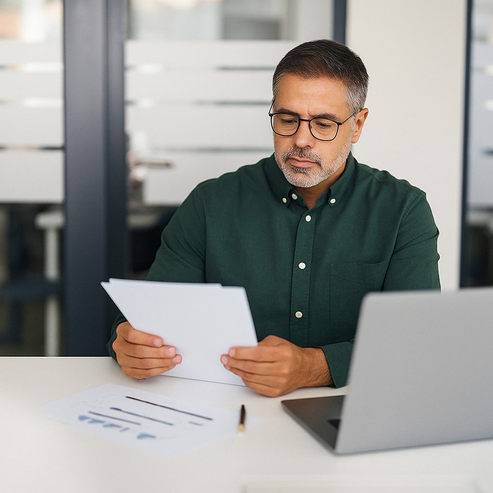Business professional analyzing financial documents at a desk with a laptop in a modern office setting