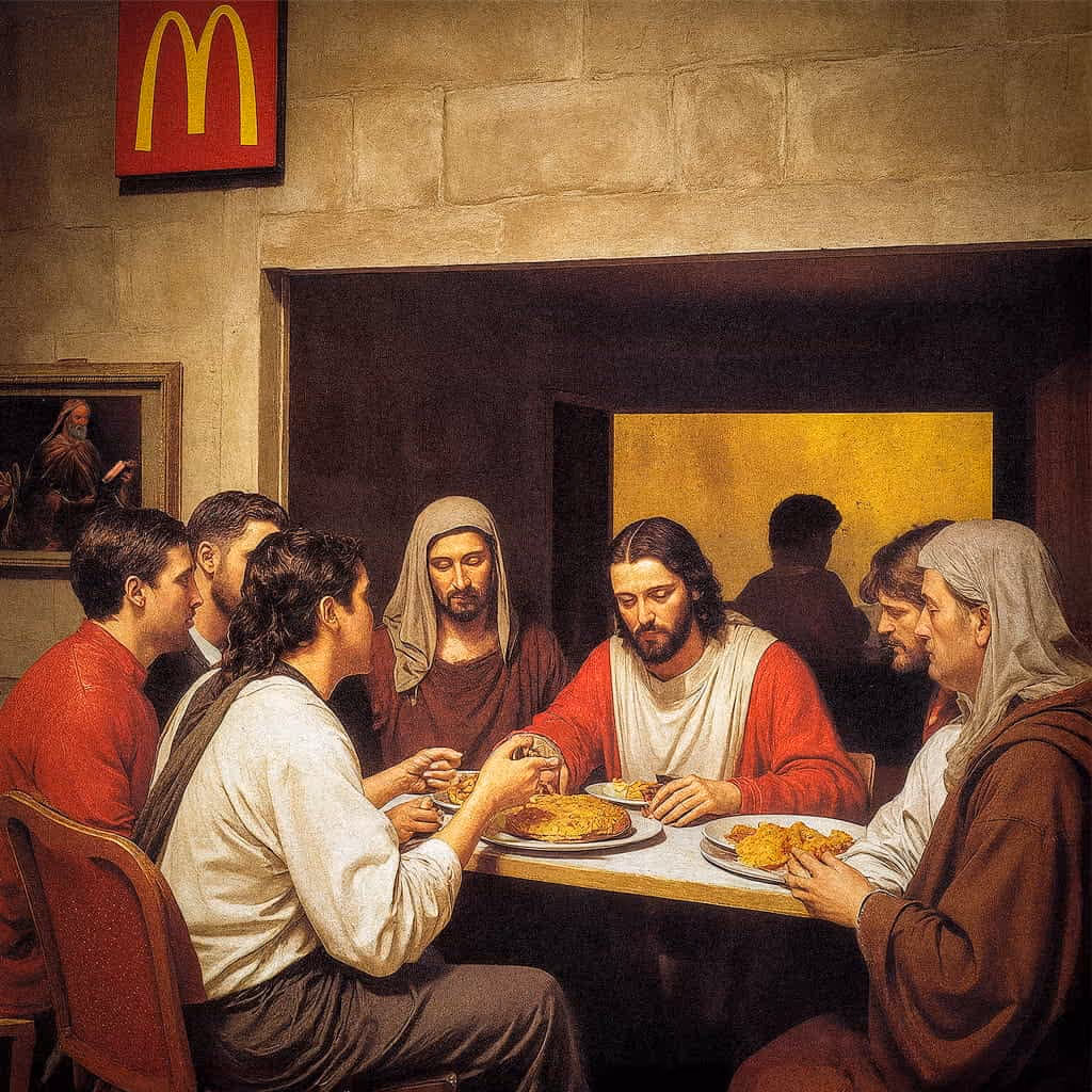 McRenaissance Supper – AI-kunstprint van Lezepok in stijl van Leonardo da Vinci (Hoogrenaissance)