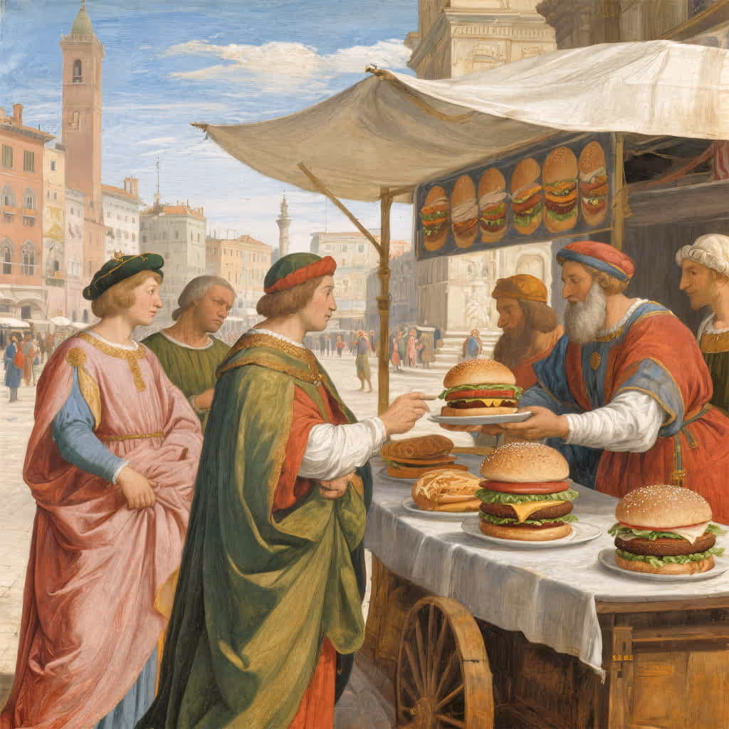 Burger Renaissance – AI-kunstprint van Lezepok in stijl van Raphael (Hoogrenaissance)