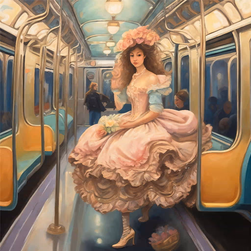 Marie on the Metro – AI-kunstprint van Lezepok in stijl van François Boucher (Rococo)