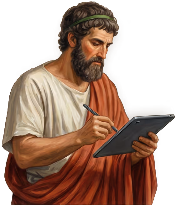 Renaissance-illustratie van een man met tablet – Lezepok Creative Studio in Maaseik