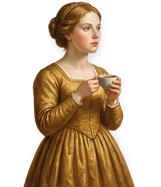Renaissance-illustratie van een vrouw met koffie – Koffiehuis Lezepok in Maaseik
