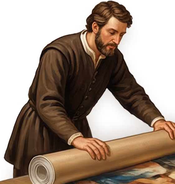 Renaissance-illustratie van een kunstenaar aan het werk – Lezepok Print Shop in Maaseik