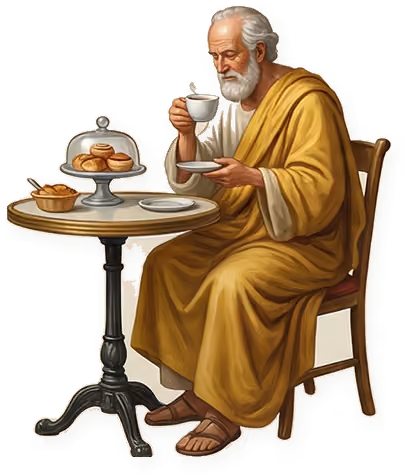 Illustratie van een oudere man met koffie en gebak aan een bistrotafel