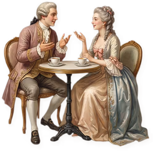 Rococo-illustratie van een koppel in gesprek aan een koffietafeltje