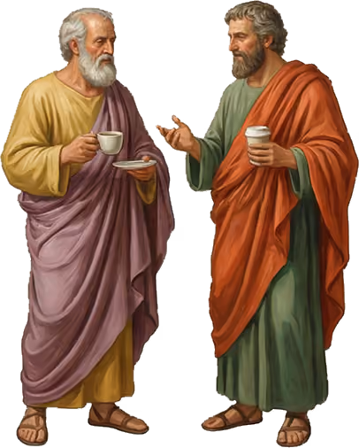 Renaissance-illustratie van twee mannen in gesprek – adviesgesprek bij Lezepok Studio