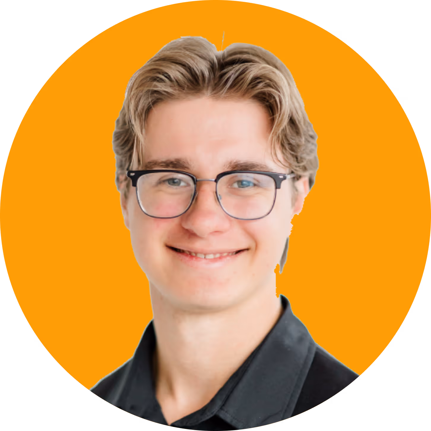 Smiling young man with blond hair and glasses wearing a black shirt in front of an orange circular background.