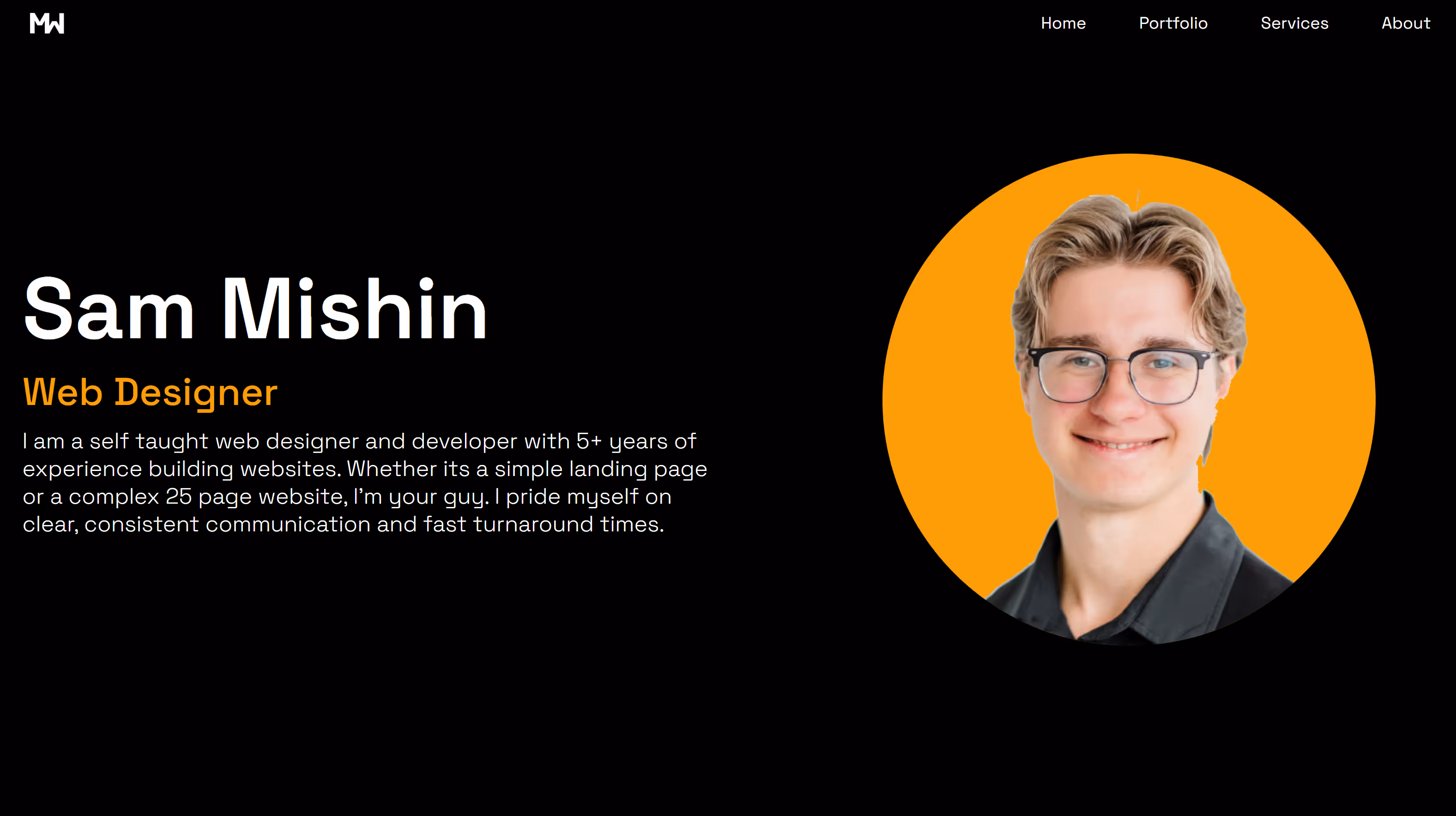 Profile photo of a young man with glasses and light brown hair inside an orange circle, next to text introducing Sam Mishin, a self-taught web designer with over 5 years of experience.