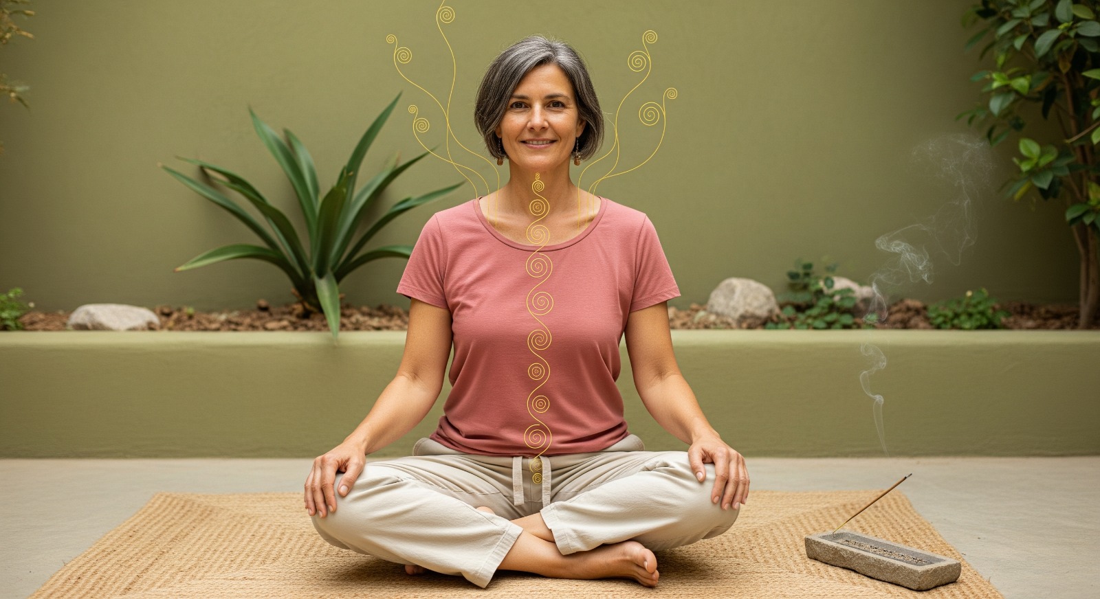 Smiling woman in seated yoga pose with nervous system overlay, promoting daily nervous system regulation.