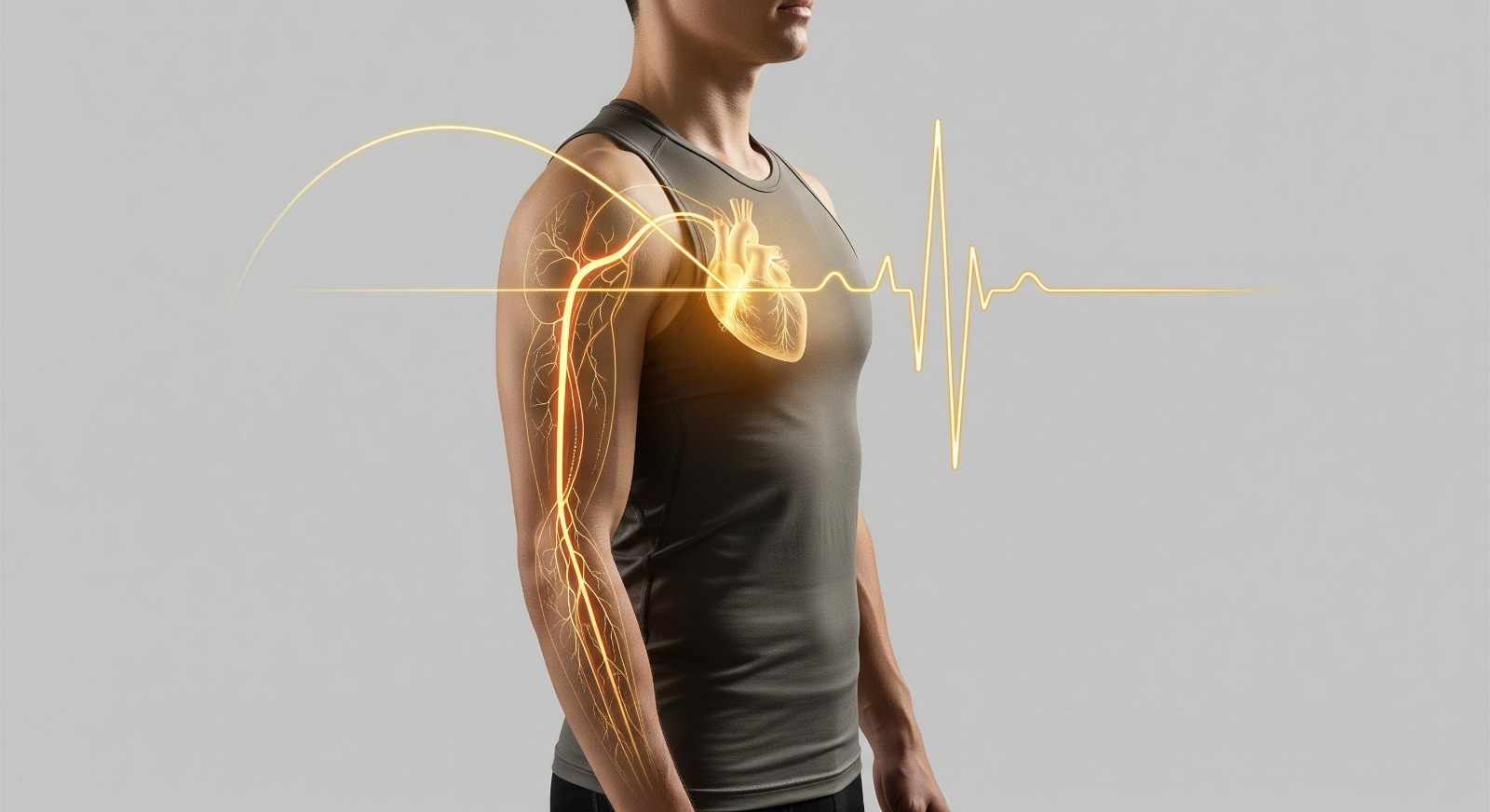 Man in sleeveless shirt with cardiovascular overlay, reflecting early detection and CVD prevention