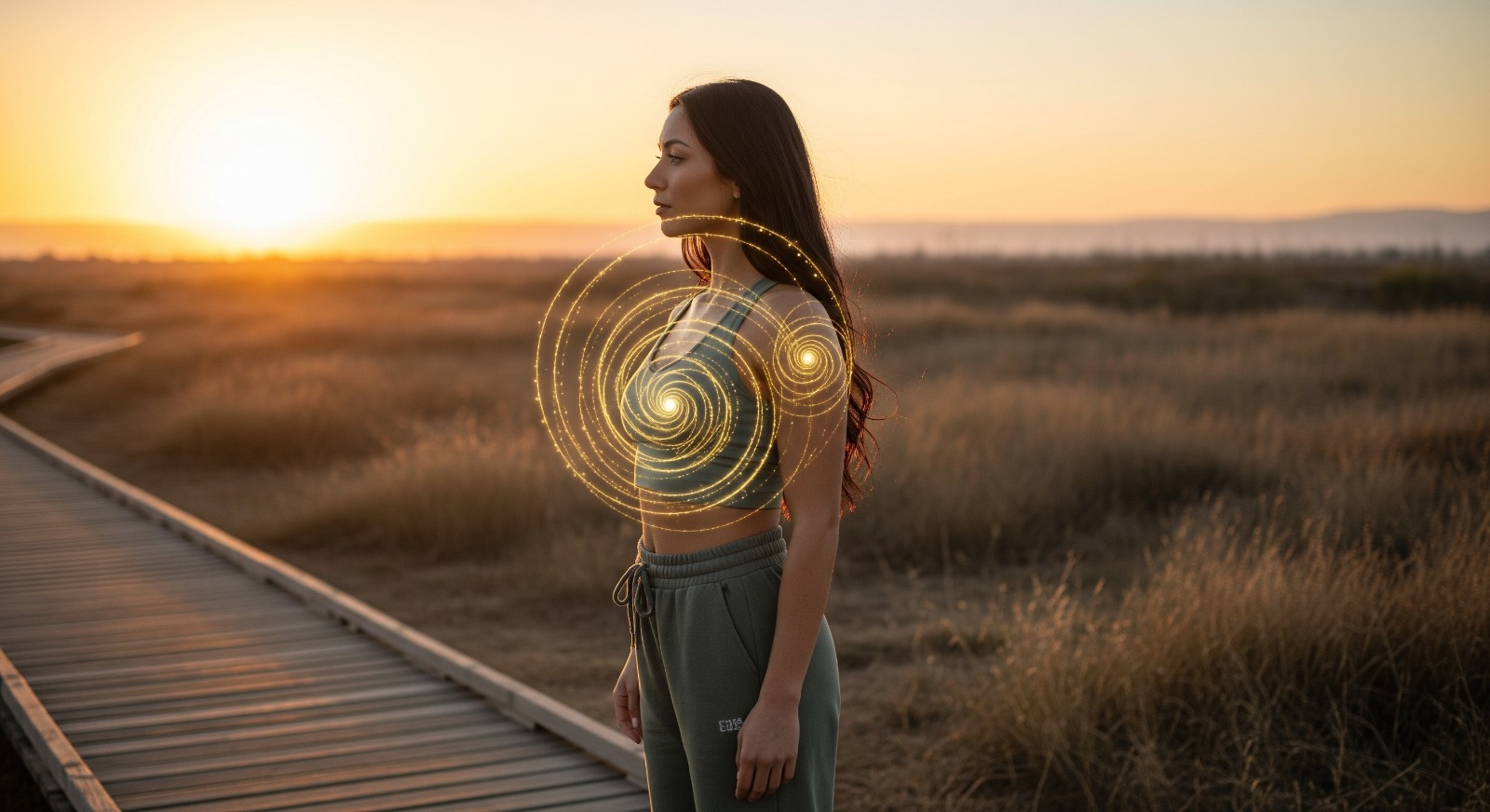 Woman standing on boardwalk at sunset with chest overlay, symbolizing advanced cardiovascular diagnostics