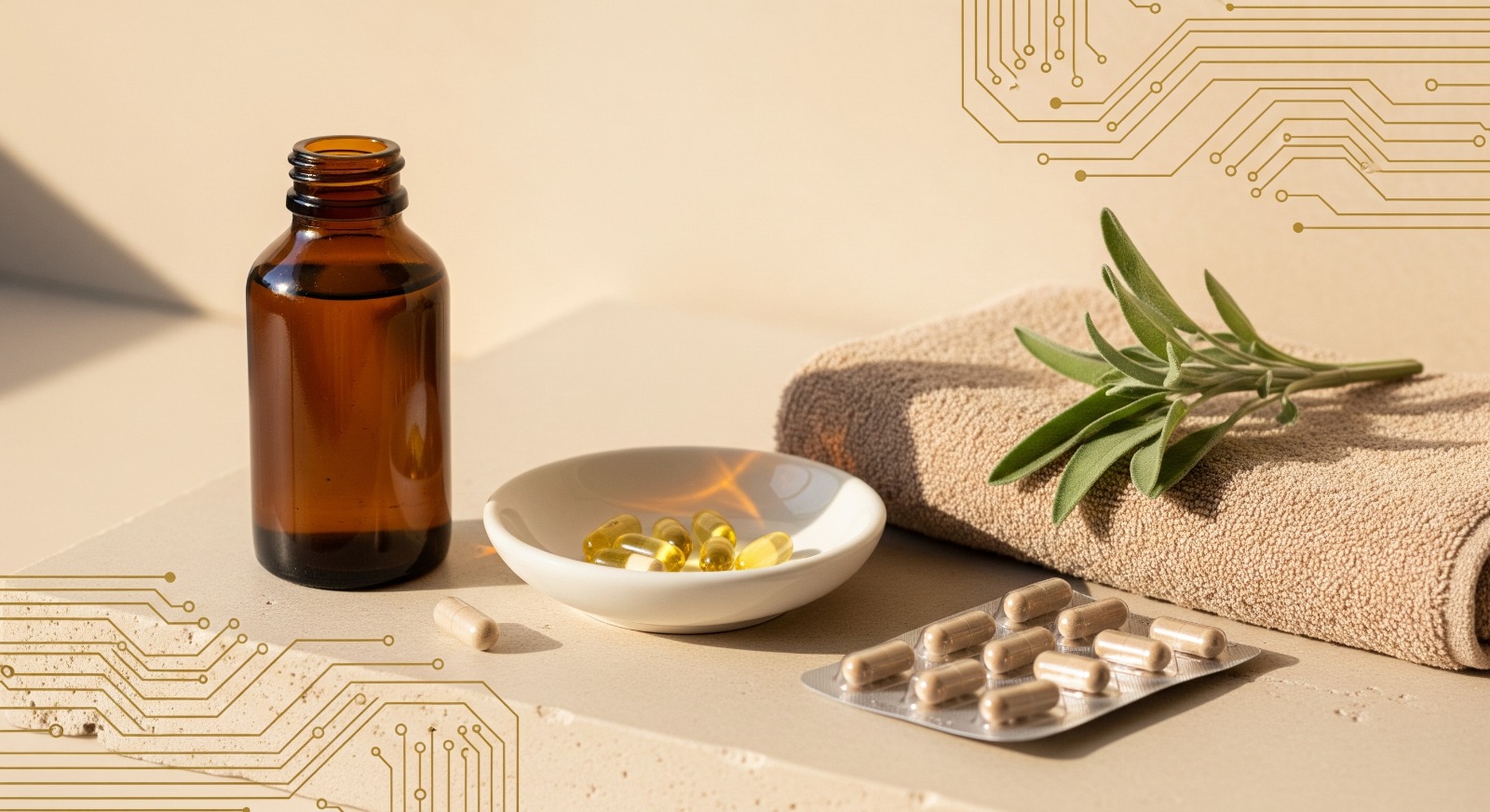 Glass supplement bottle with capsules and towel, symbolizing homocysteine support and cardiovascular health.