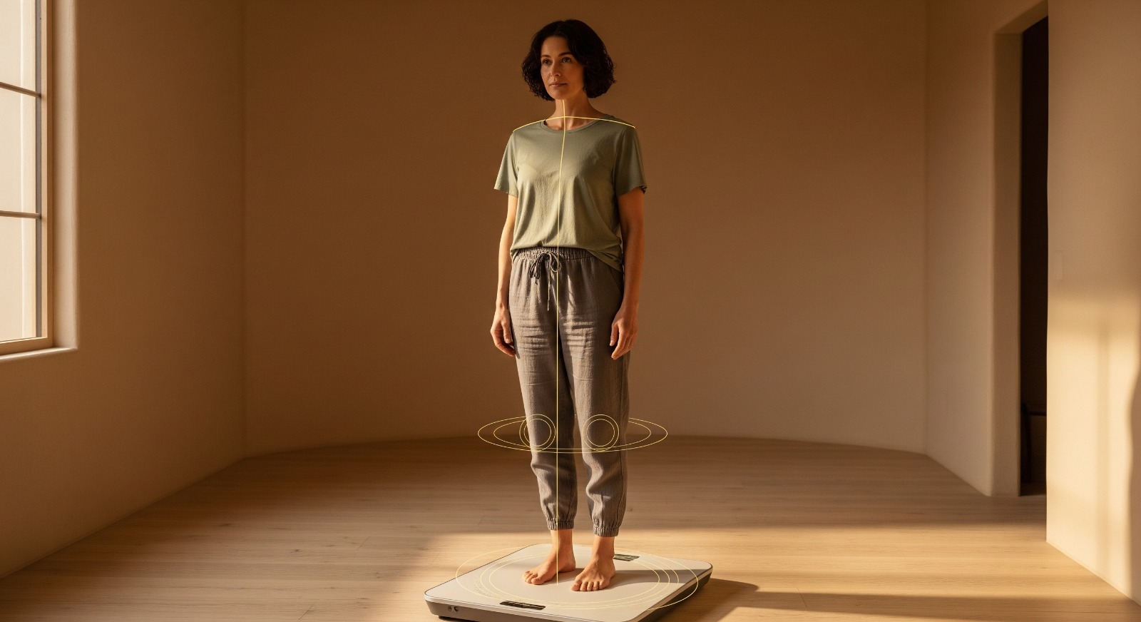 Woman standing on diagnostic scale in warm-toned room, representing Nova Wellness bone density screening tools.