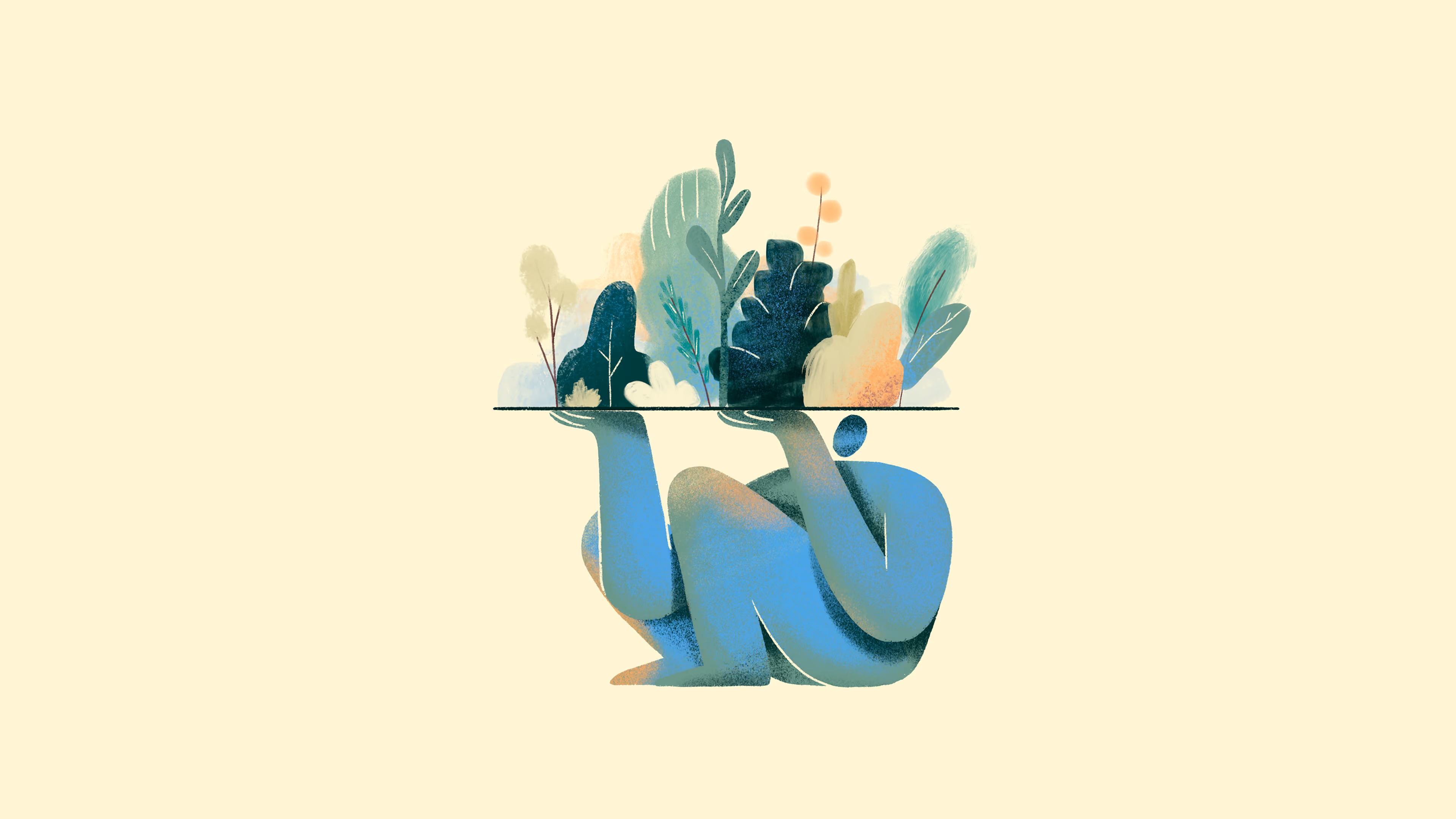 Abstract figure squatting and holding a surface with various colorful plants on top.
