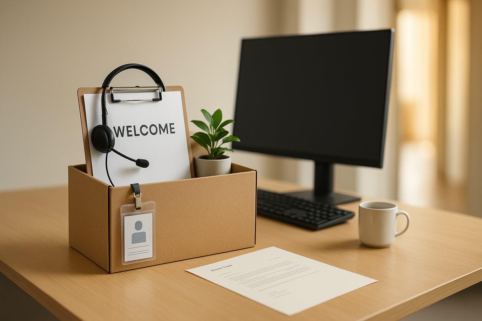 Welcome box with clipboard, headset, ID badge, and plant on a desk beside a monitor and offer letter.