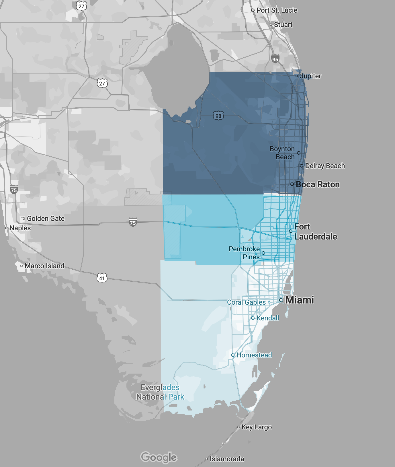 A map of south Florida highlighting Palm Beach, Broward, and Miami-Dade county