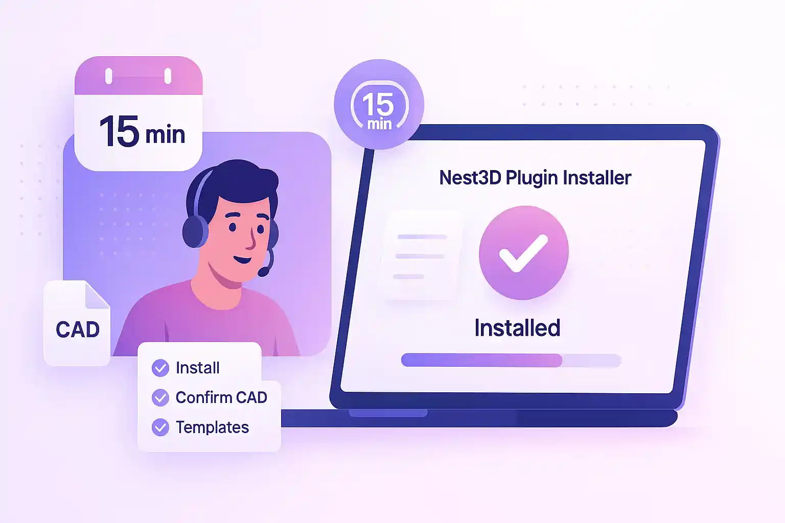 Installing Nest3D plugin on a 15 minute call, confirming AutoCAD, BricsCAD, or ZWCAD and the DWG template