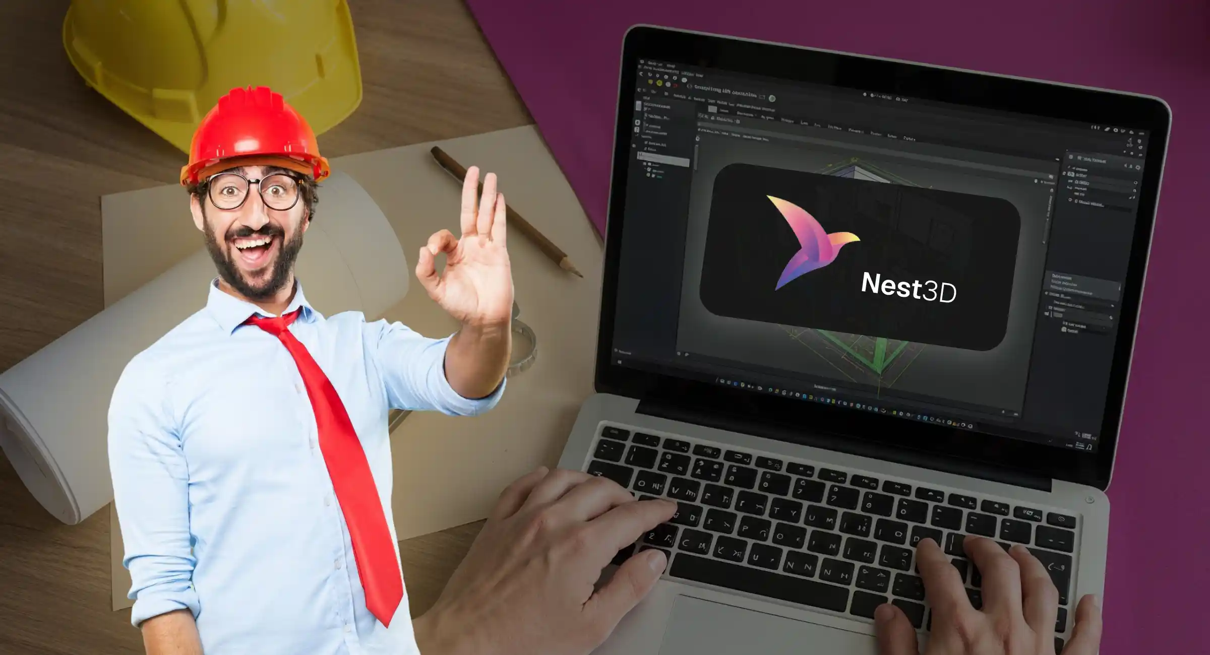 Surveyor giving OK sign while using Nest3D scan to CAD software on a laptop to convert point-cloud data into DWG drawings.
