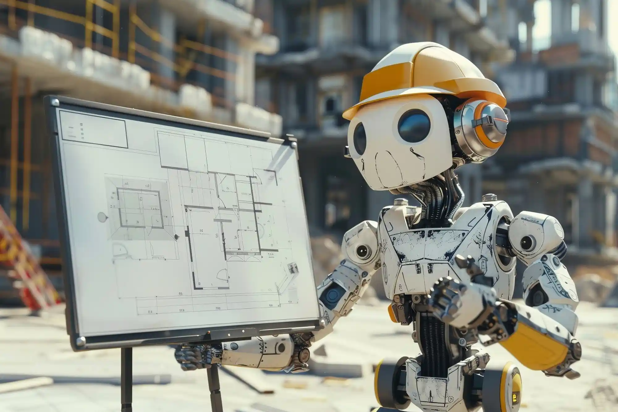 AI robot in a construction site presenting CAD drawings, symbolizing AI point cloud to CAD automation for surveyors