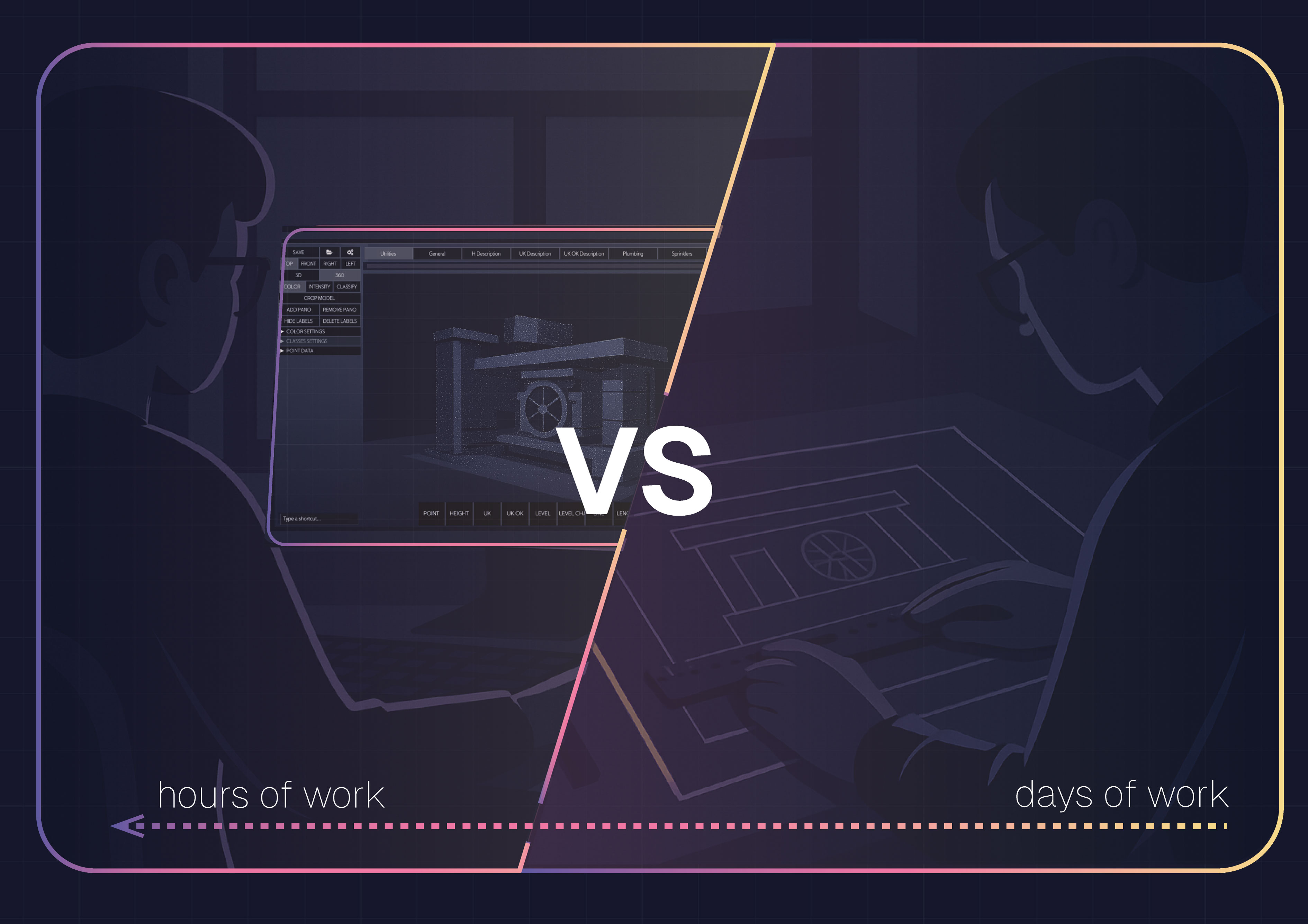 Split image comparing Scan to CAD software on a computer screen with traditional manual tracing tools on printed plans.