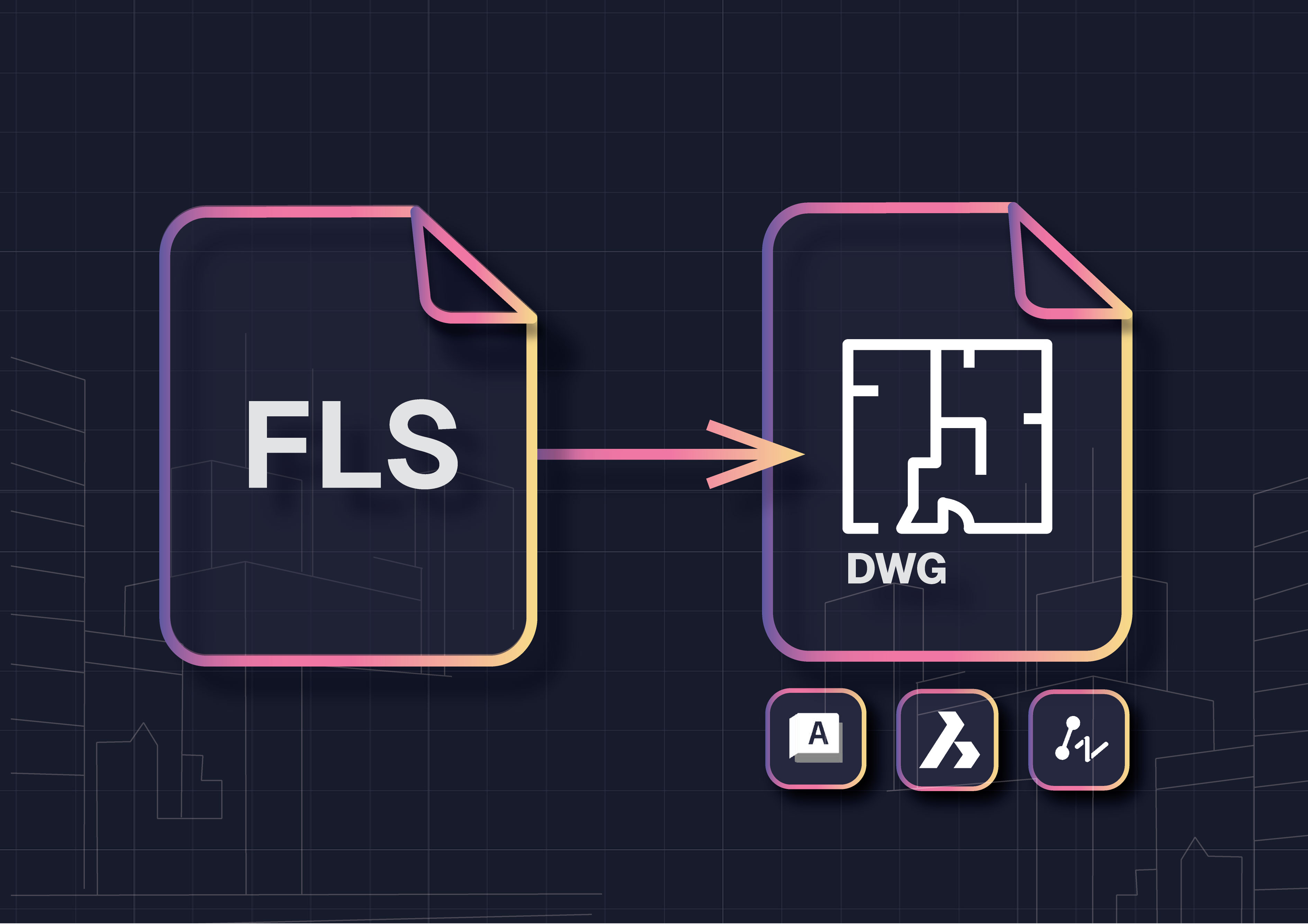 Clean vector banner showing FLS file converting to a 2D DWG floor-plan, with AutoCAD, BricsCAD, and ZWCAD badges; soft pink-to-lavender gradient in Nest3D colors.