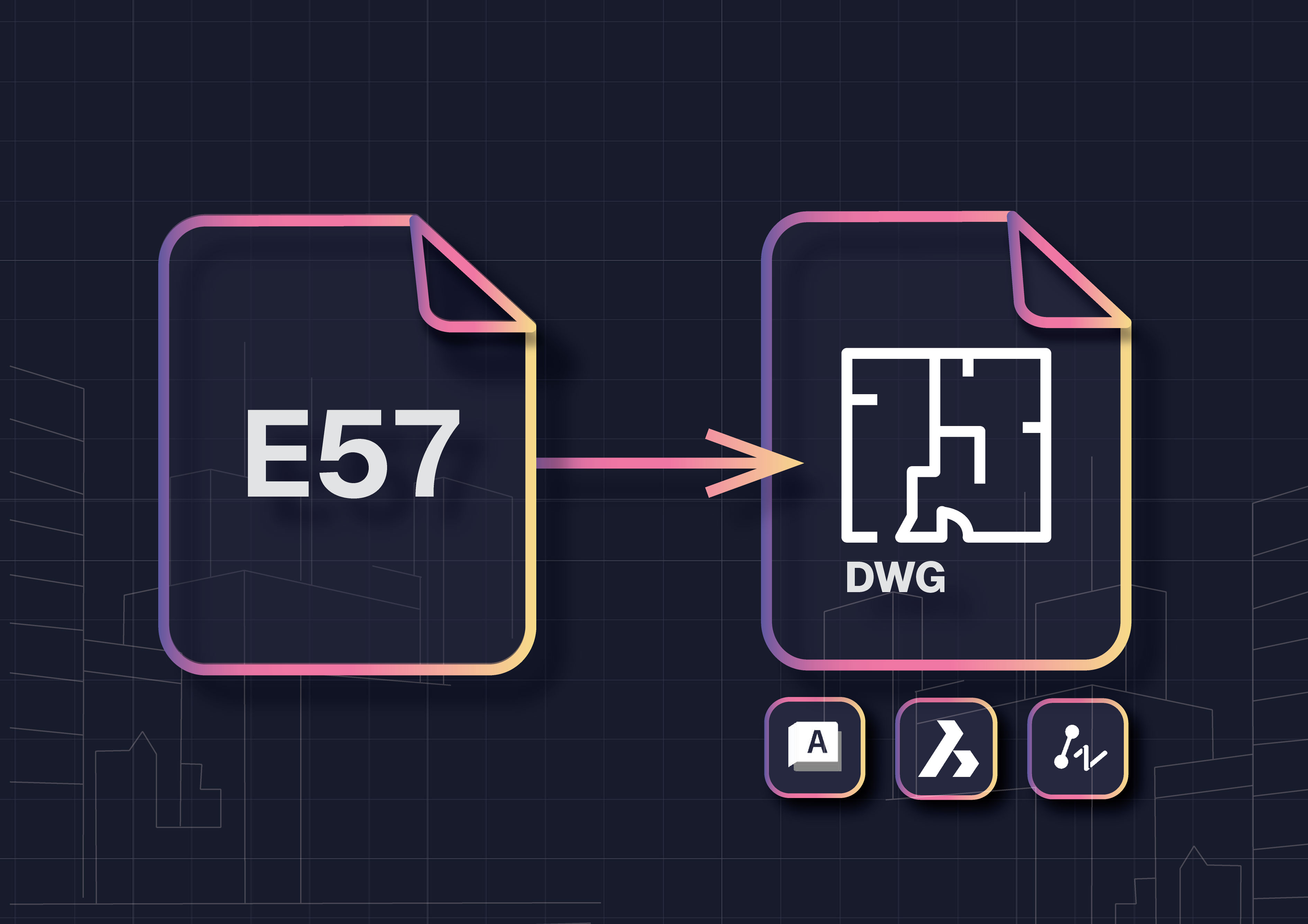 Diagram of an E57 point cloud converting into a clean 2D DWG, with arrows from scan to CAD; purple-pink brand gradient.