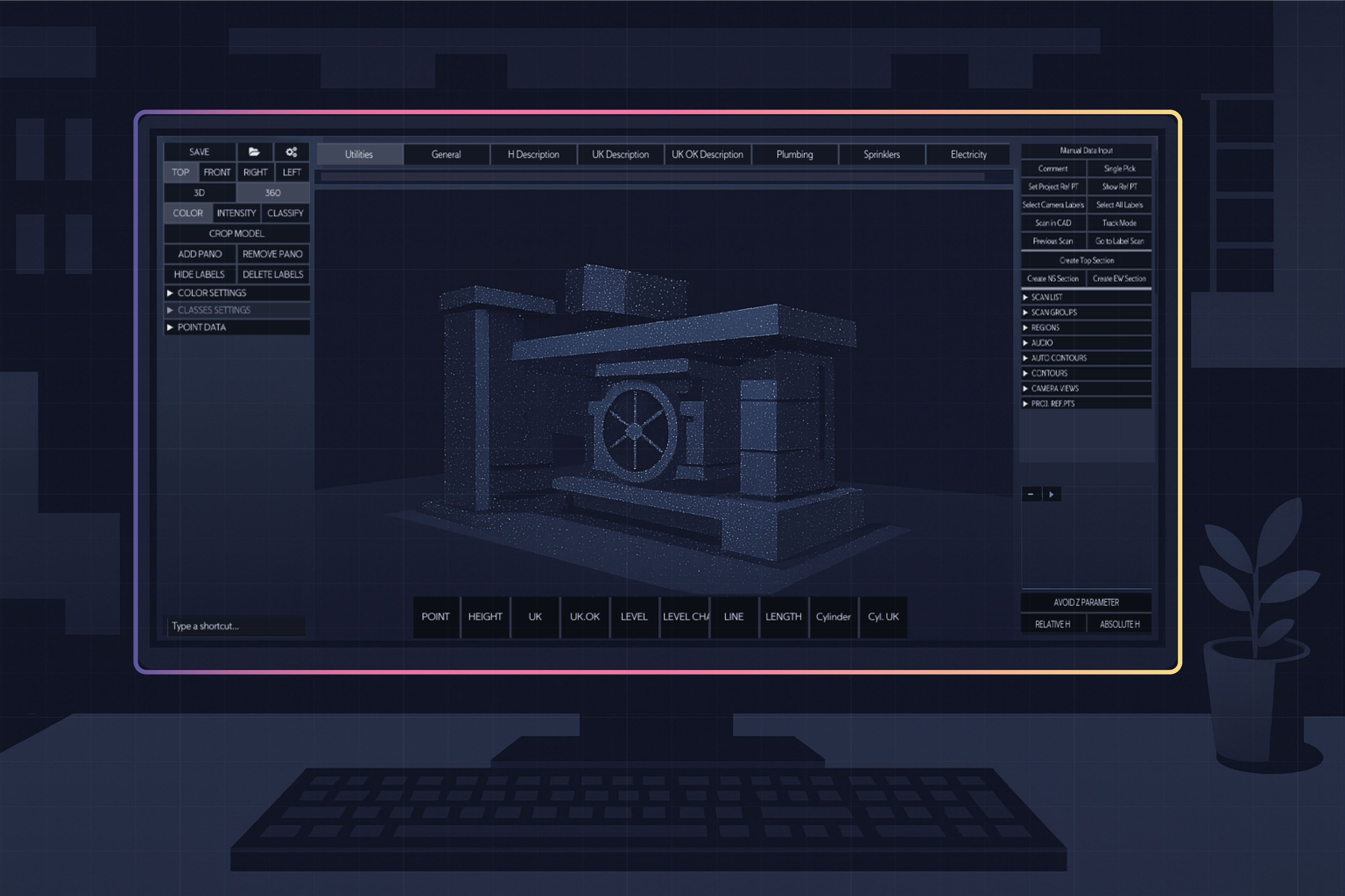 Engineer using point cloud software on a computer to process 3D scans and create CAD models