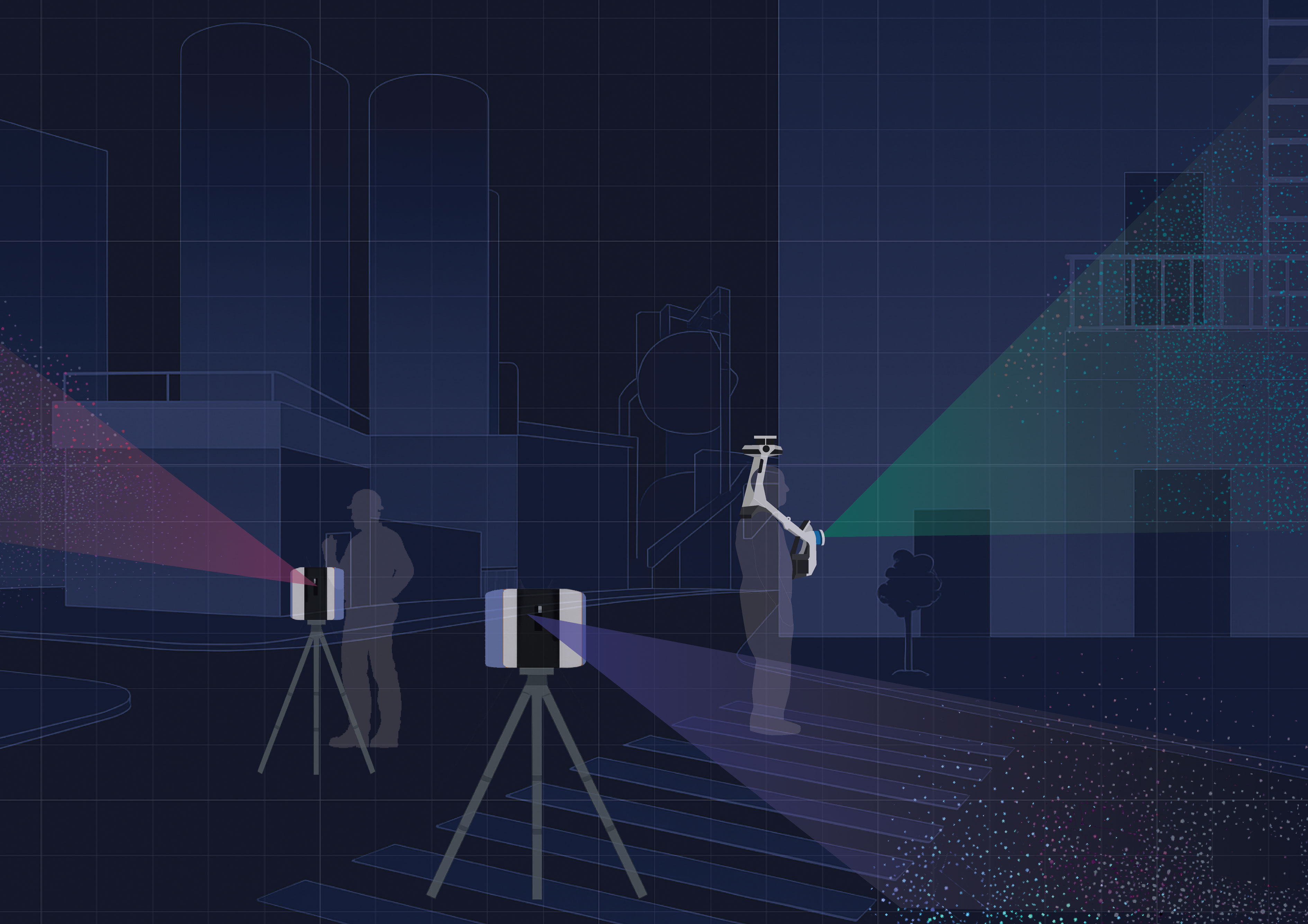Surveyors capturing point cloud data with terrestrial and mobile scanners for scan to CAD conversion into DWG drawings