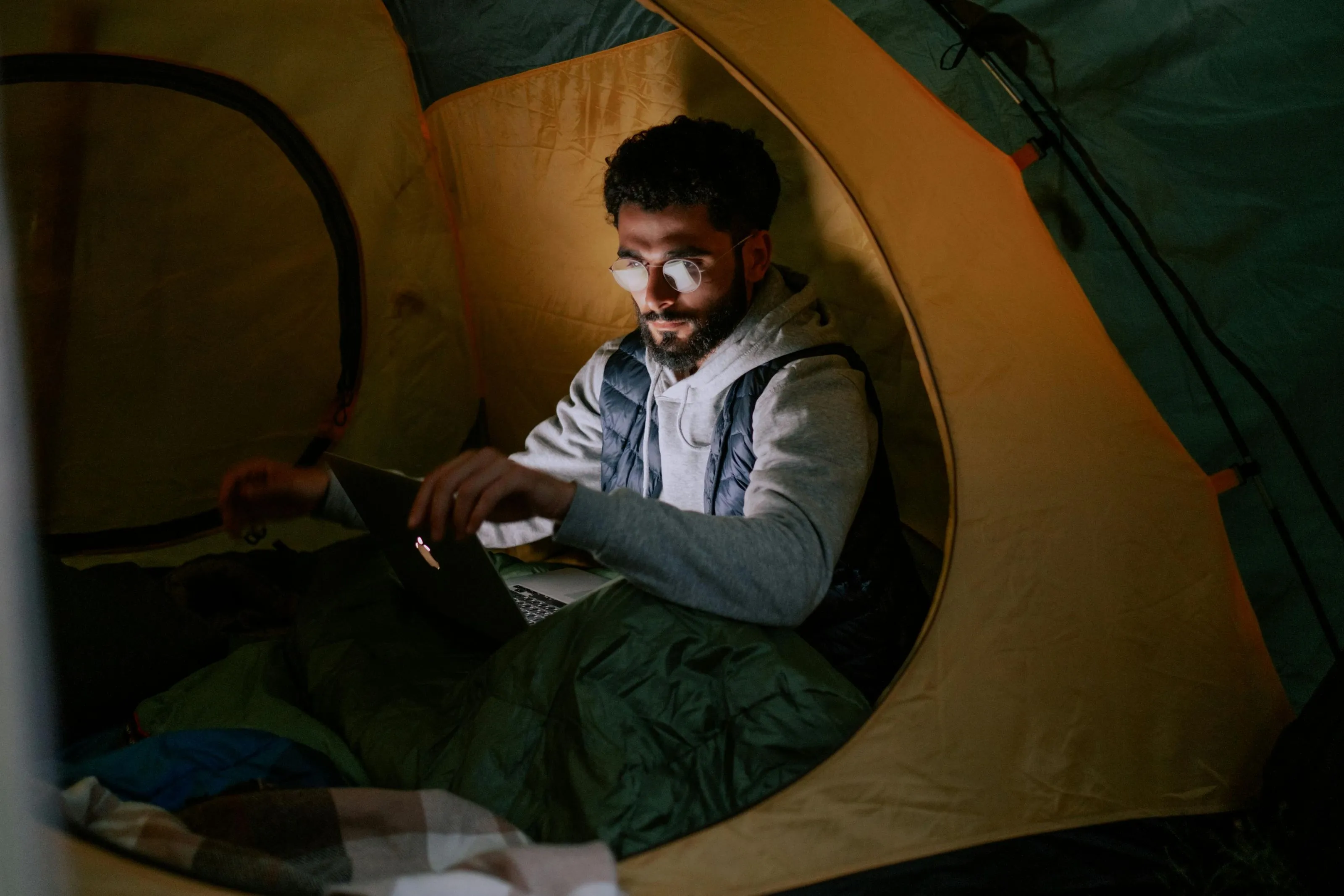 Man working on the tent