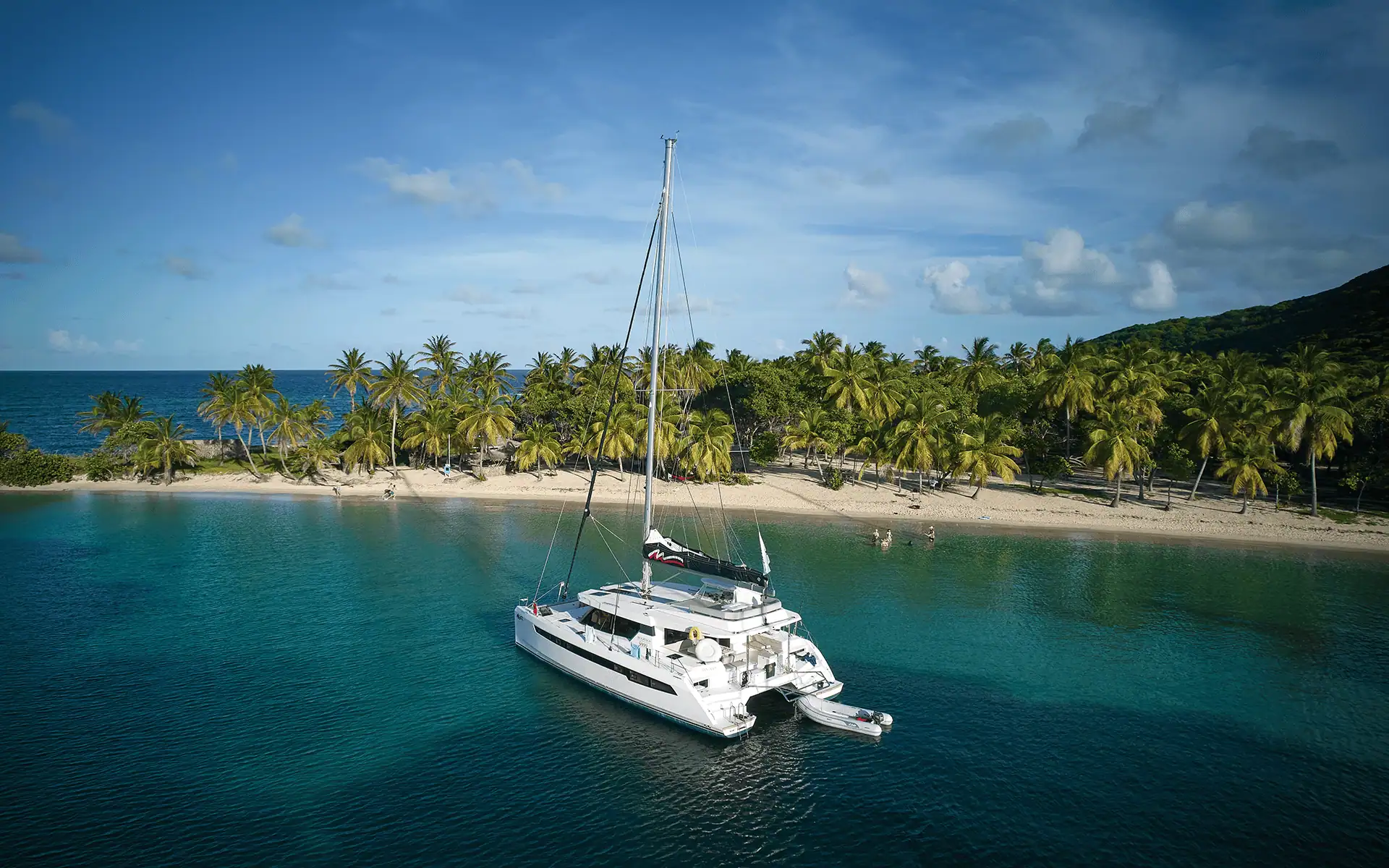Sailboats anchored in a tropical bay