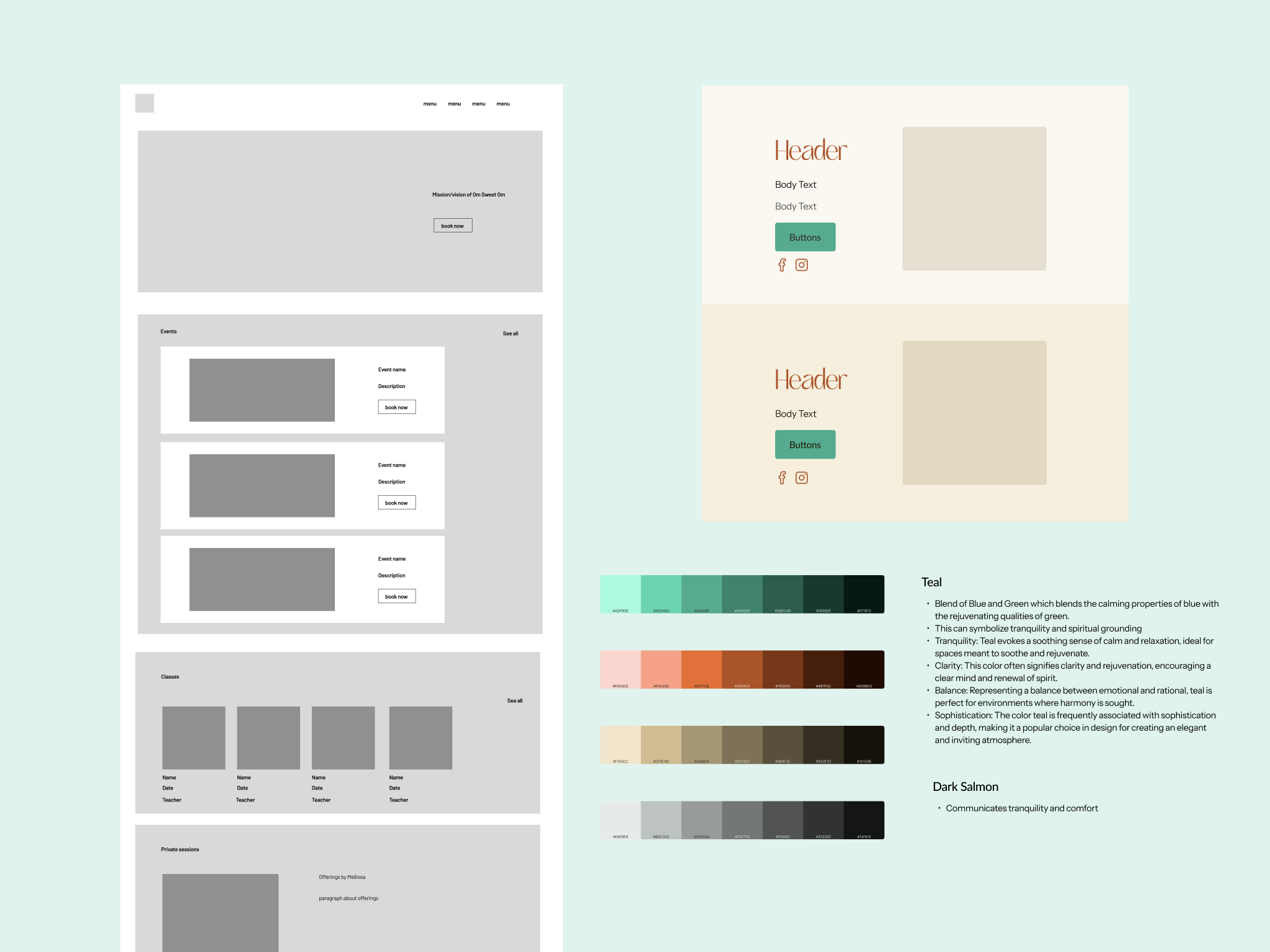 Wireframes and color exploration of Om Sweet Om's new website