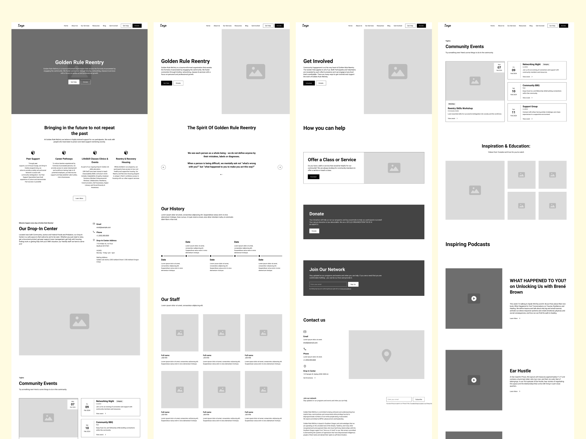 Wireframes for new Golden Rule ReEntry's website