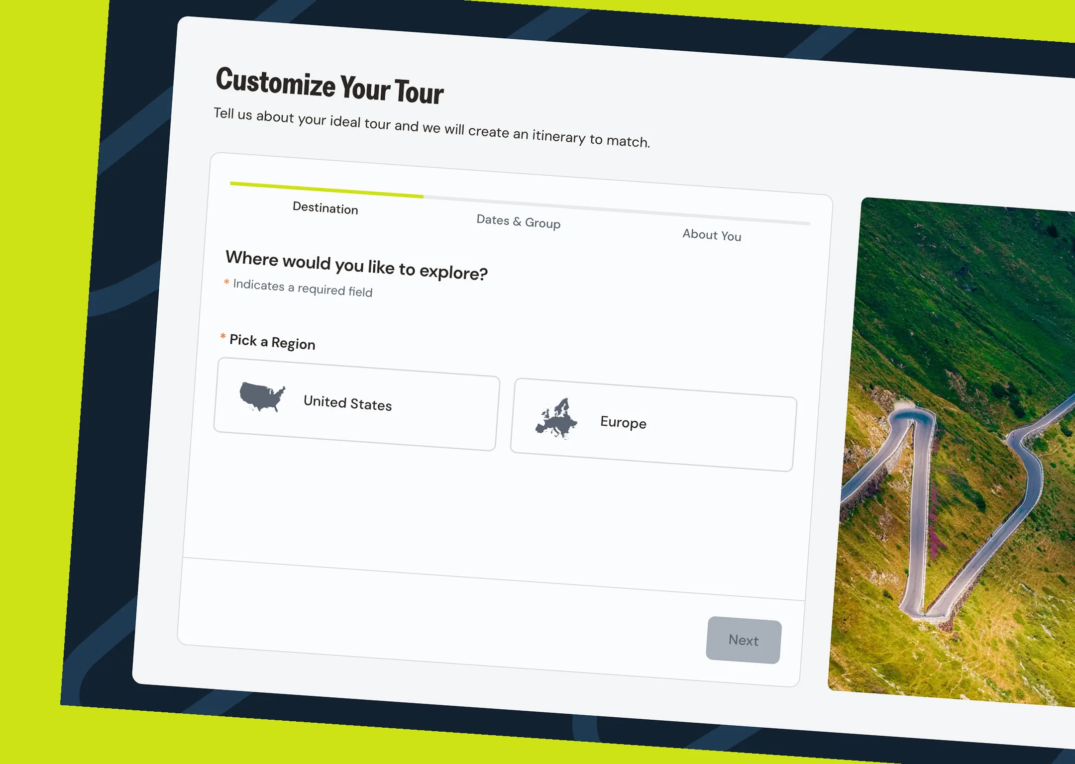 Multi-step Customize Your Tour form on the Lifecycle Adventures homepage