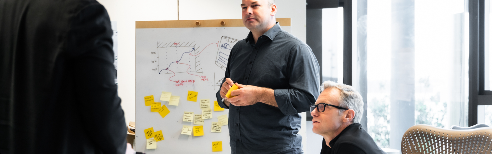 Two Purple Shirt consultants standing in front of a large board of post it notes looking attentively at 2 other people.