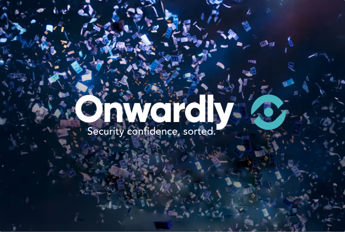 Onwardly logo with confetti in the background