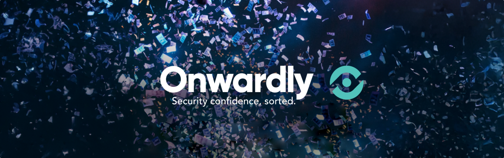 Onwardly logo with confetti in the background