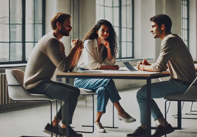 3 people happily chatting