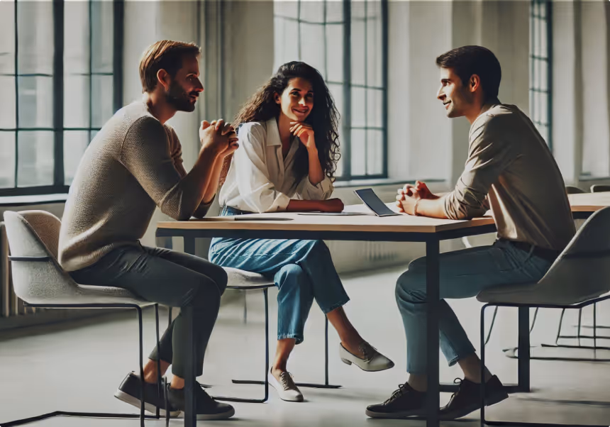 3 people happily chatting