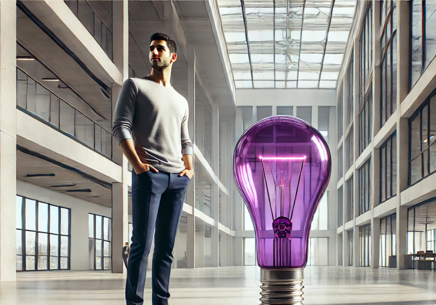 Man with purple lightbulb idea